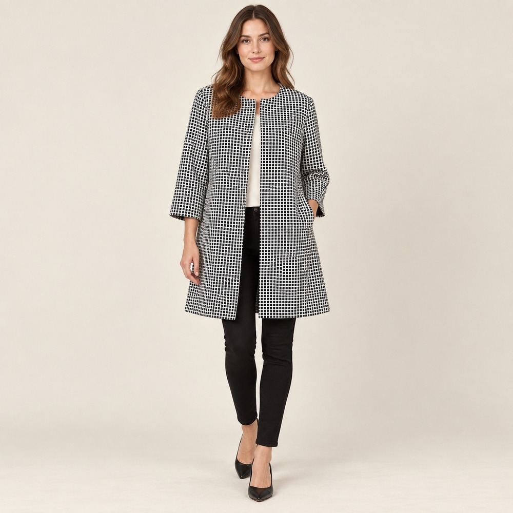Weekend Max Mara Grid Coat Womens 4 Black White Mod Geometric 3/4 Sleeve Cotton